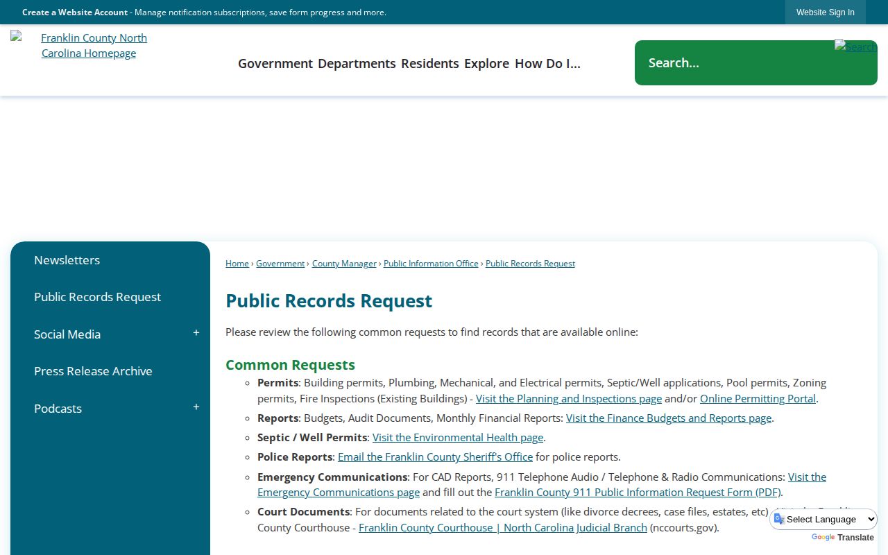 Franklin County release record request routes