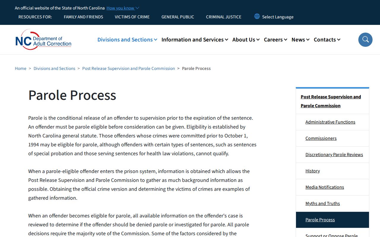 North Carolina parole process page explaining minimum terms and approximately 85 percent of maximum terms