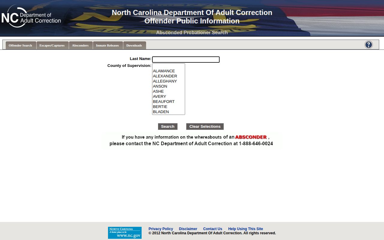 North Carolina absconded probationer form with Franklin County supervision filter